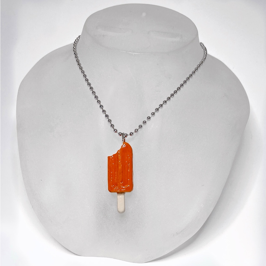 Handmade Orange Popsicle Charm Plastic Polymer Silver Ball & Chain Necklace